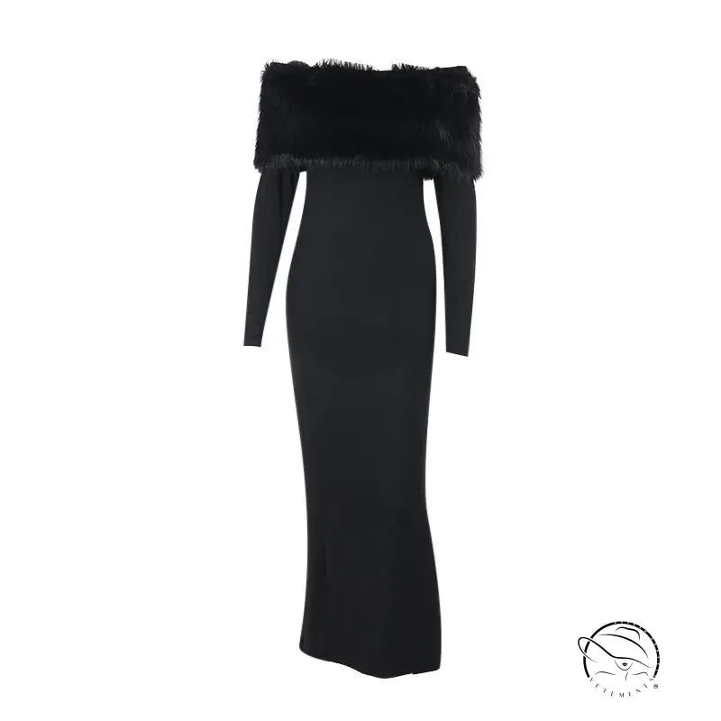 Elegant off-shoulder fur trim dress in black langry fashion ملابس