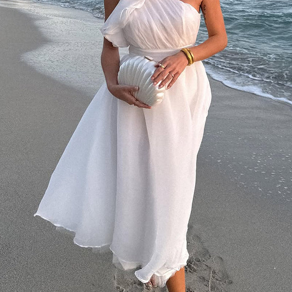 Elegant one-shoulder white dress with ruffles and a flowing midi skirt in langry fashion