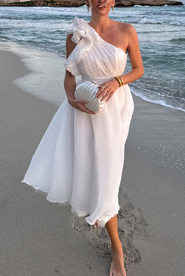 Elegant one-shoulder white dress with ruffles and a flowing midi skirt in langry fashion