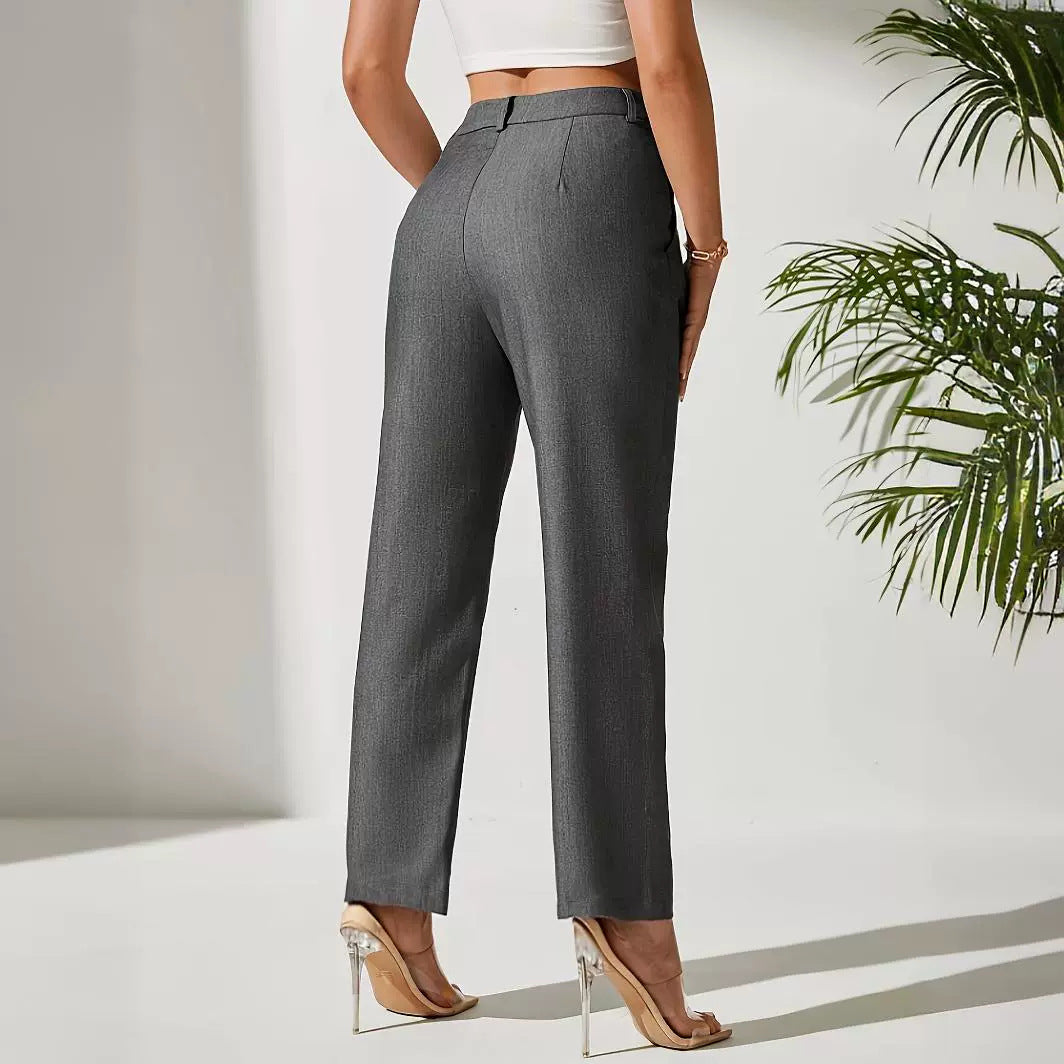 Gray high-waisted straight-leg dress pants for women in stylish work fashion ملابس