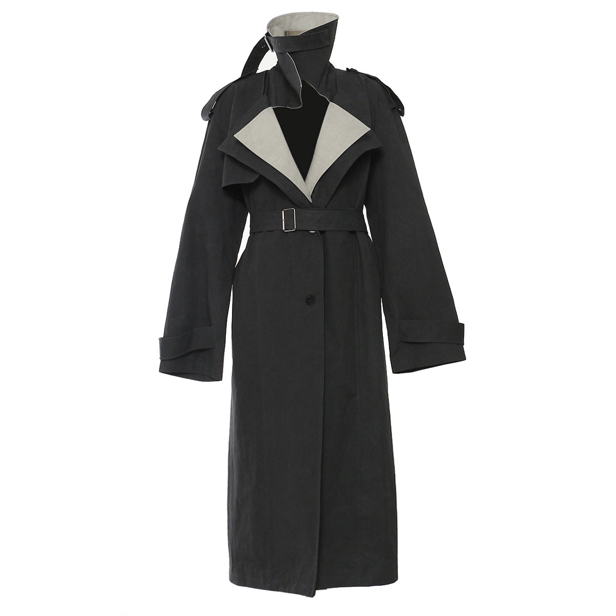 Langry casual trench coat in black with white collar and belt, wool blend fashion ملابس