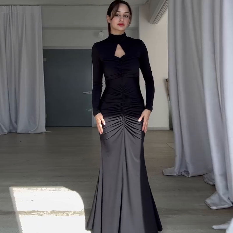 Elegant black long-sleeved gown from Slim Fit Exposed Back Special Dress collection, perfect for fashion and ملابس enthusiasts