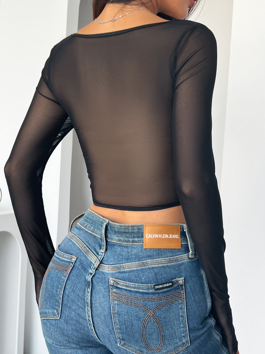 Sheer black long-sleeved top made of faux leather from Langry Fashion for stylish outfits