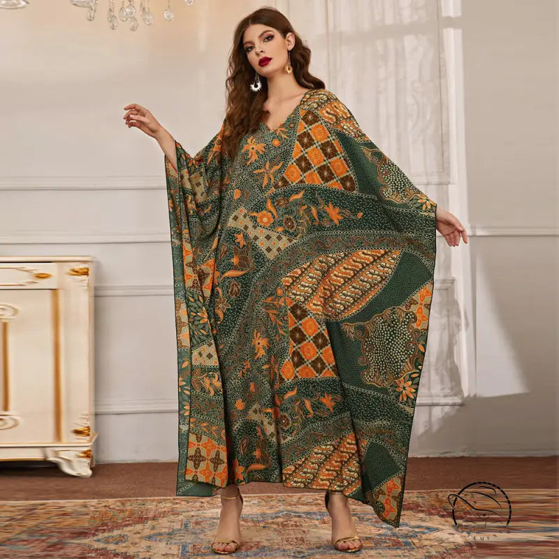 Elegant V-neck batwing sleeve langry fashion kaftan in green orange patterns