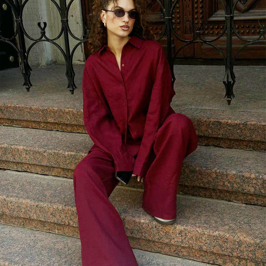 Burgundy oversized shirt and pants outfit from Cotton Shirt Trousers Casual Sets fashion collection
