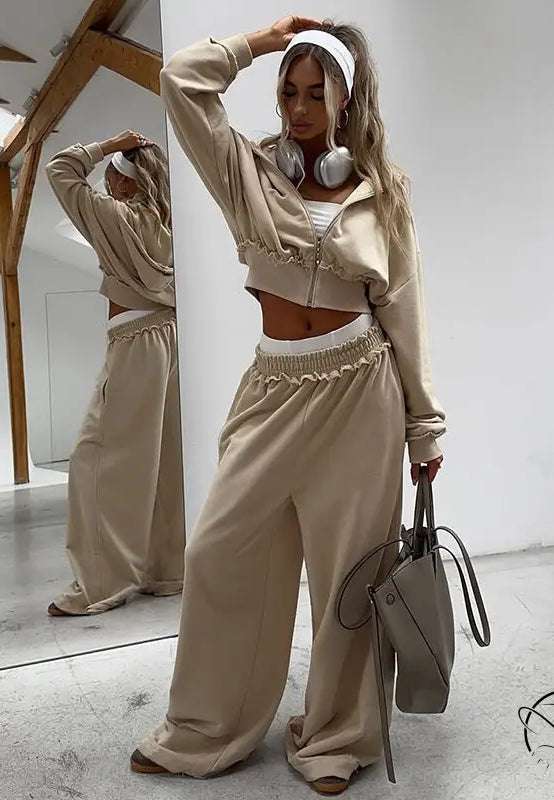Langry beige cropped hoodie and wide-leg pants set with ruffled hems