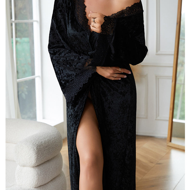 Black velvet lengthened bathrobe with lace light luxury and thigh-high slit for home wear