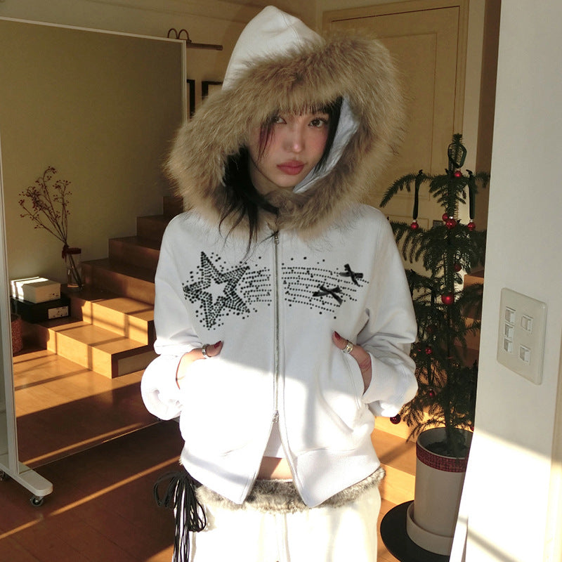 White hooded jacket with fur collar and star and musical note embellishments for fashion