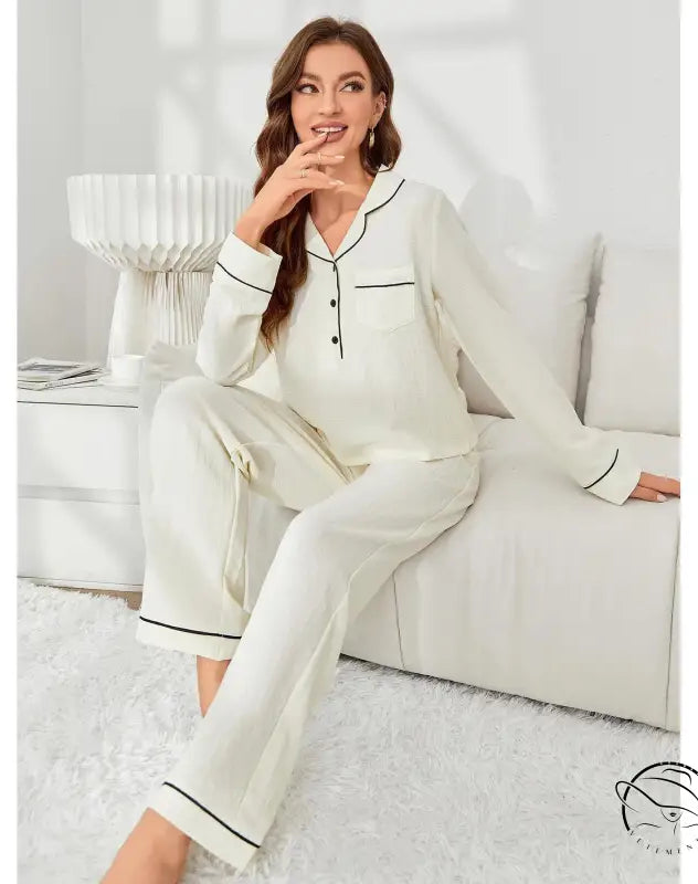 Cream-colored langry fashion pajamas with black piping for women