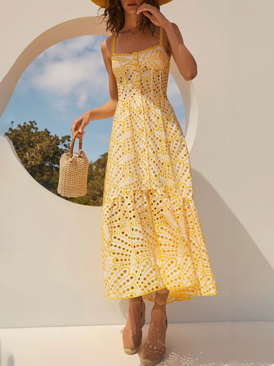 Yellow eyelet midi dress, a stylish and elegant addition to women’s fashion from Langry