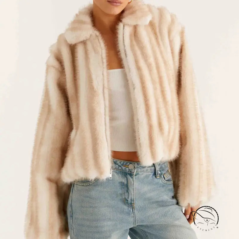 Beige faux fur cropped jacket with ribbed detailing and high collar from Langry fashion