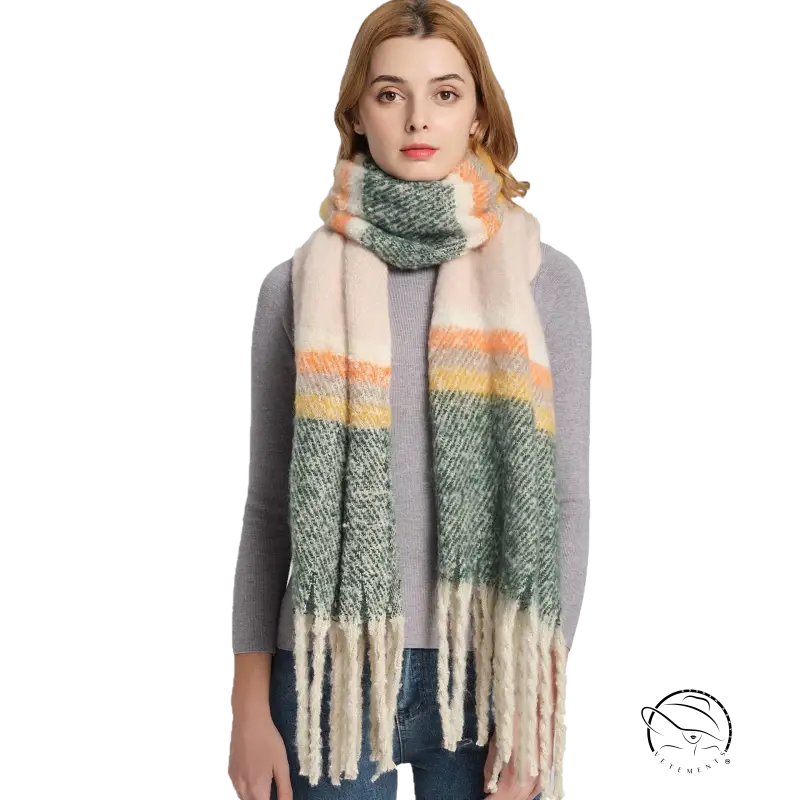 Cozy warm wool scarf in peach, cream, green herringbone with fringe