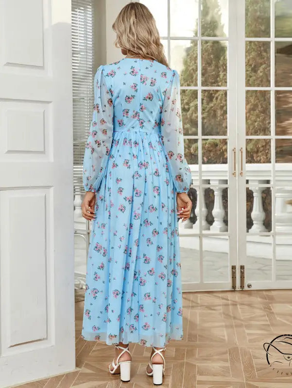 Elegant langry fashion V-neck high-waist light blue floral maxi dress with sheer sleeves