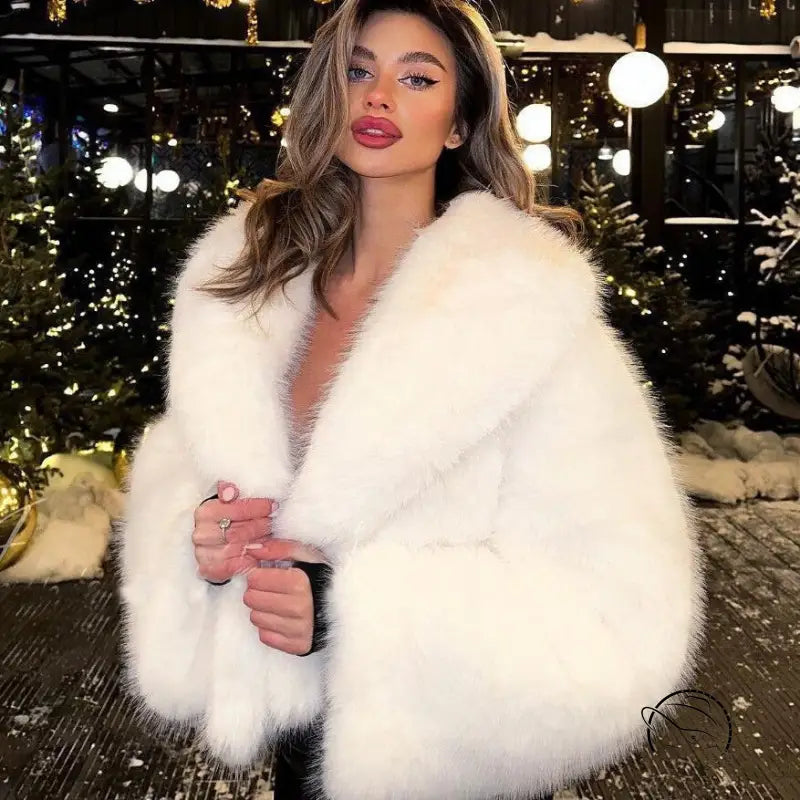 Cozy short faux fur coat with deep V-neck and wide lapels
