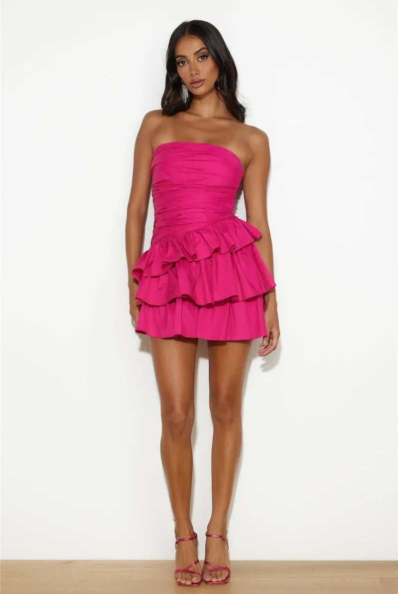 Hot pink strapless mini dress with tiered ruffles for stylish fashion ملابس