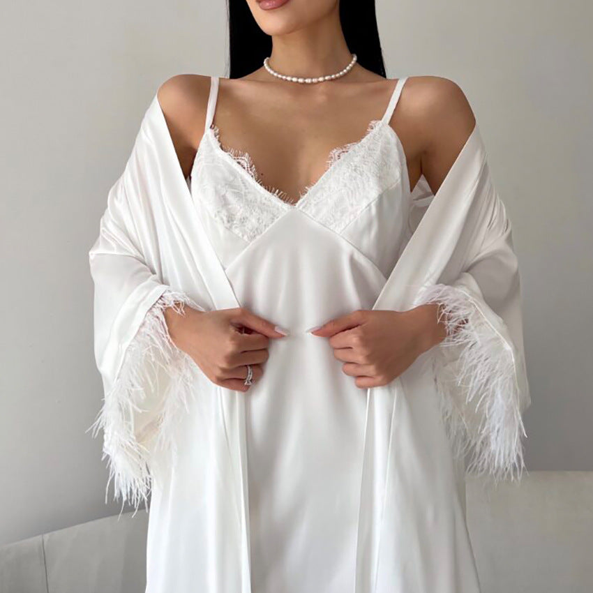 Elegant white silk robe with feathered trim over lace-trimmed slip dress in Comfortable Loose HomeWear Sets