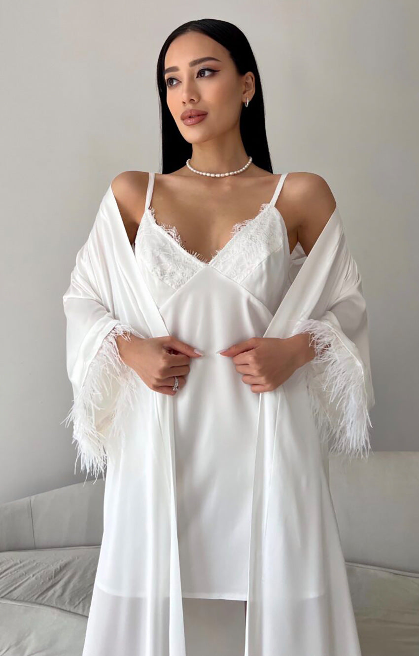 Elegant white silk robe with feathered trim over lace-trimmed slip dress in Comfortable Loose HomeWear Sets