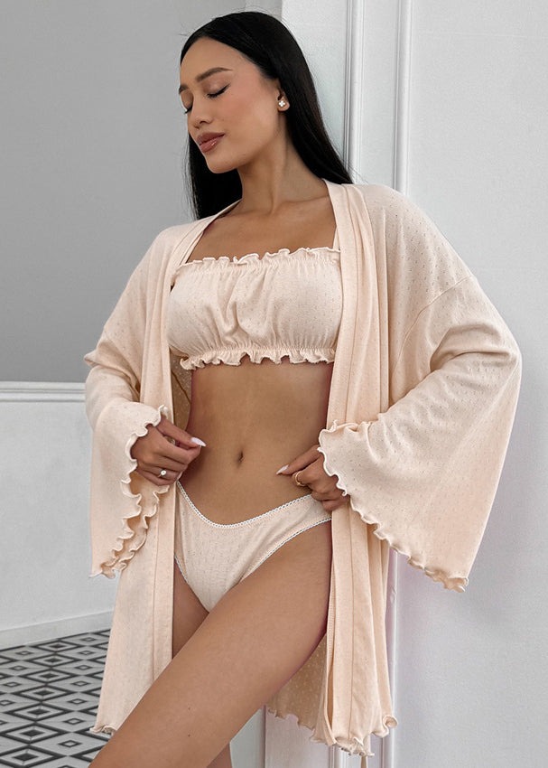 Soft beige ruffled-sleeved Langry fashion robe from knitting shorts nightgown set