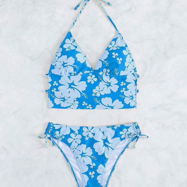 Blue floral halter bikini with suspenders printed high waist and high waist rope design