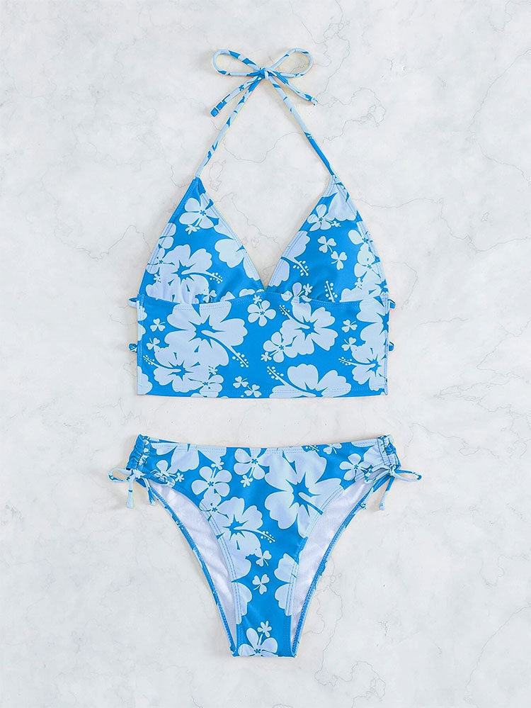 Blue floral halter bikini with suspenders printed high waist and high waist rope design