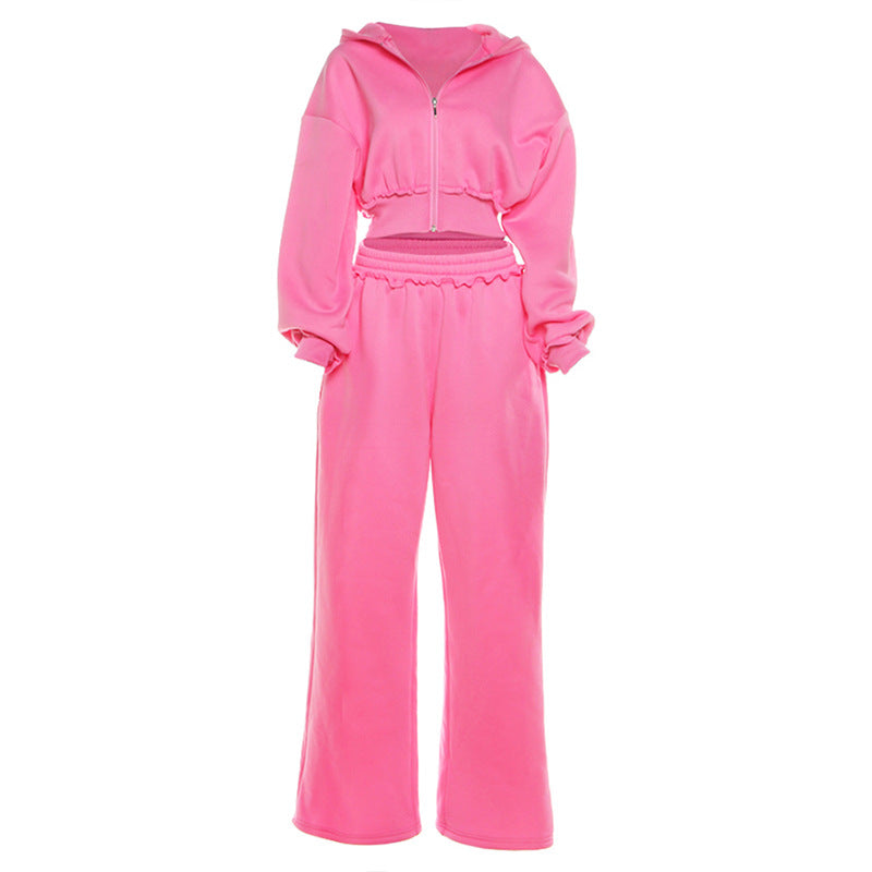 Vibrant pink langry fashion tracksuit with cropped hoodie and wide-leg pants