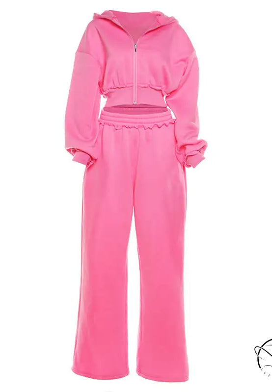 Vibrant pink langry fashion ملابس cropped hoodie tracksuit with wide-leg pants