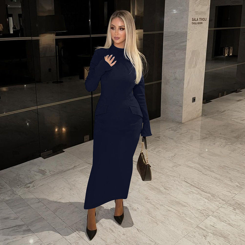 Long-sleeved navy maxi dress with a beautiful back slit for elegant fashion styling