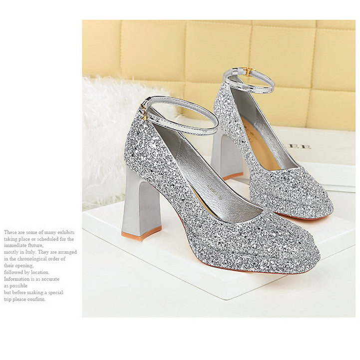 Waterproof Low Cut Square Toe Sequ Ankle Strap Shoes