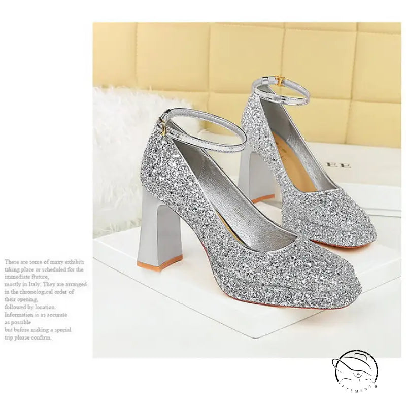 Waterproof Low Cut Square Toe Sequ Ankle Strap Shoes