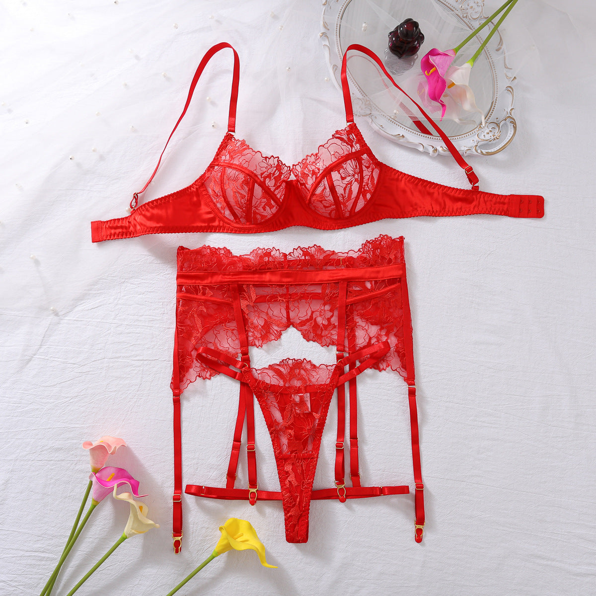 Red lace embroidery lingerie set with steel ring push-up and garter belt