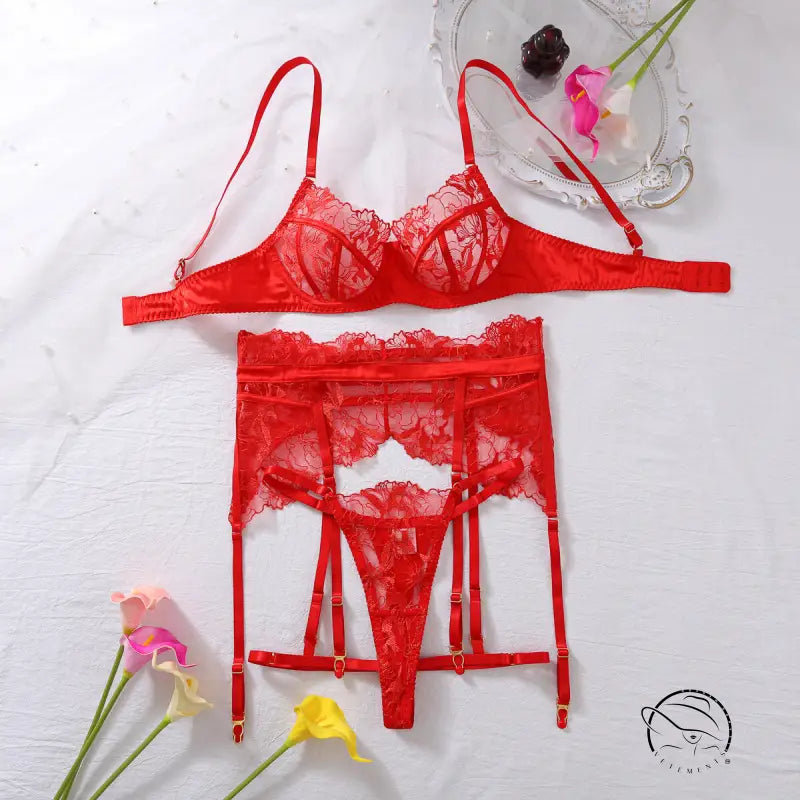 Red lace embroidery lingerie set with steel ring push-up and garter belt