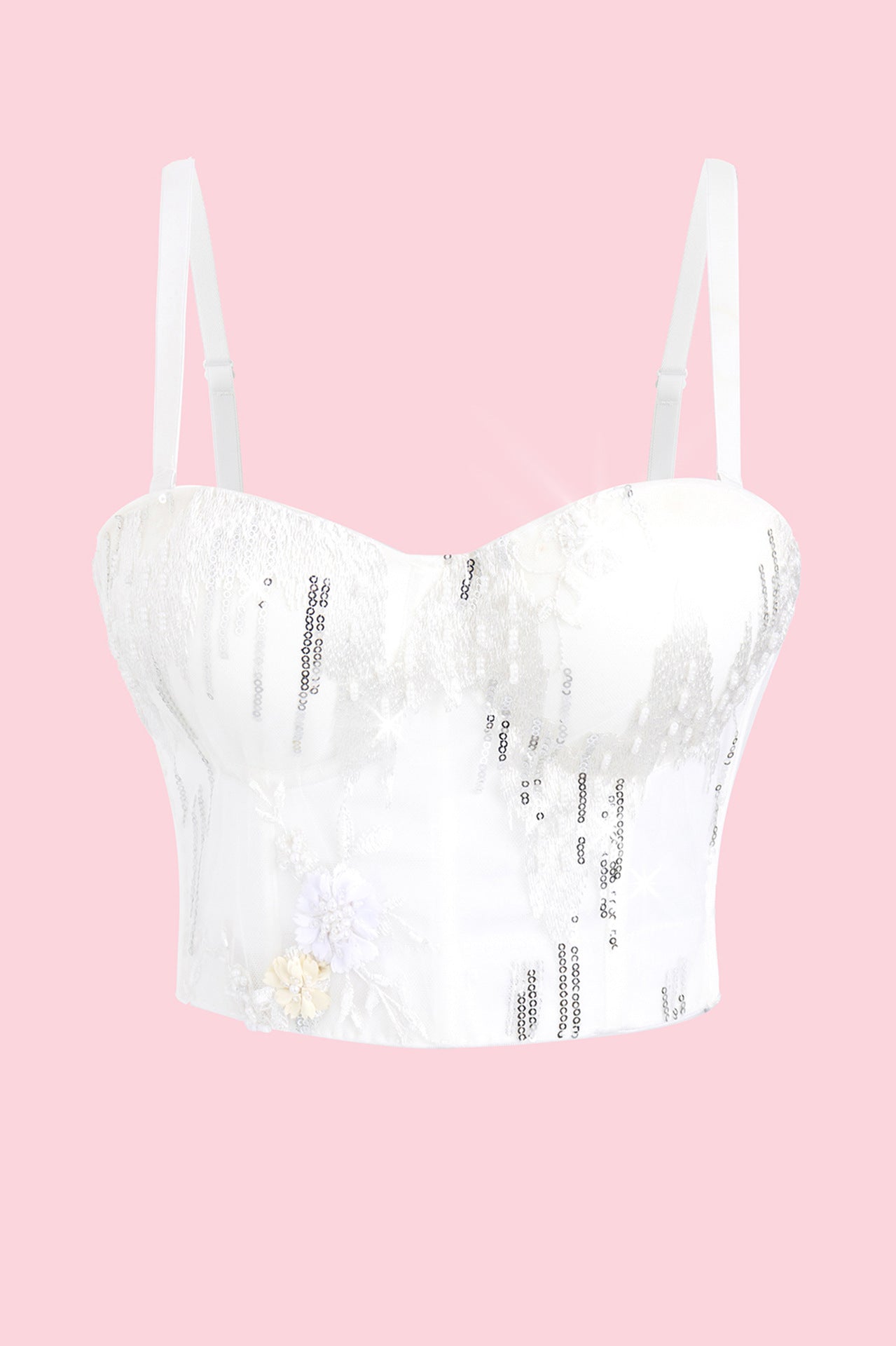 Langry fashion white sequined bustier corset top with floral embellishments