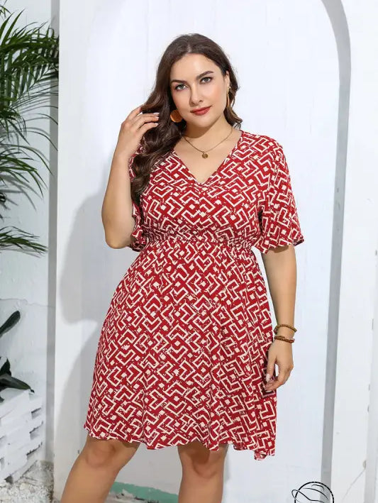 Casual v neck loose dress in red and white geometric print