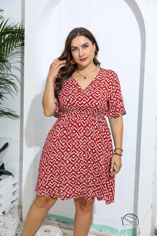 Casual v neck loose dress in red and white geometric print