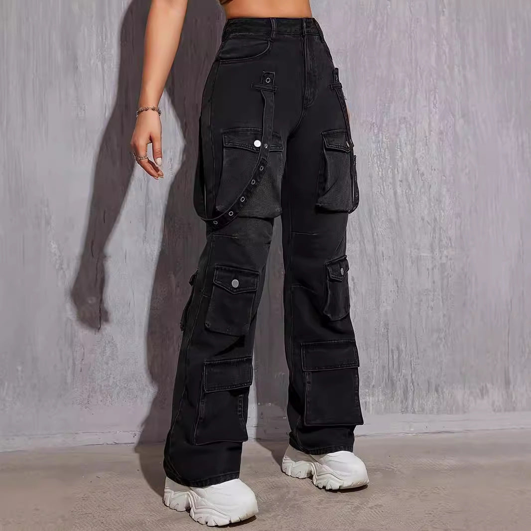 Black high-waisted cargo pants with multiple pockets and decorative straps for hip hop fashion