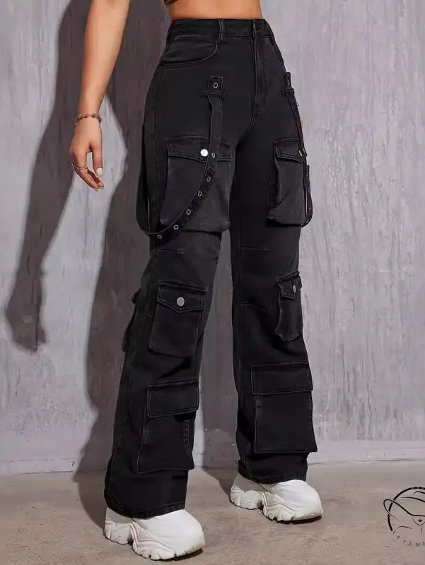 Black high-waisted denim high elastic hip hop cargo pants with straps