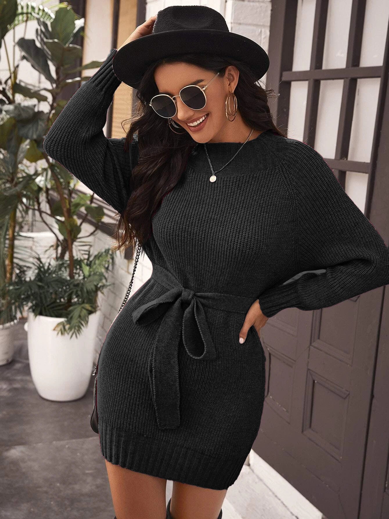 Black belted sweater dress from Mid-Length Tied Dress, ideal for stylish langry fashion and ملابس