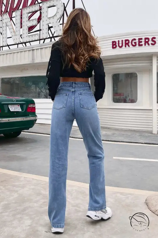 Light blue high-waisted wide-leg denim pants for casual fashion