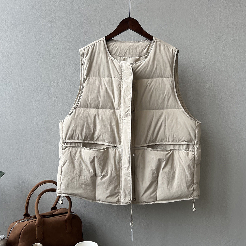 Cream-colored quilted vest with pockets, ideal for winter Korean fashion, ملابس styling