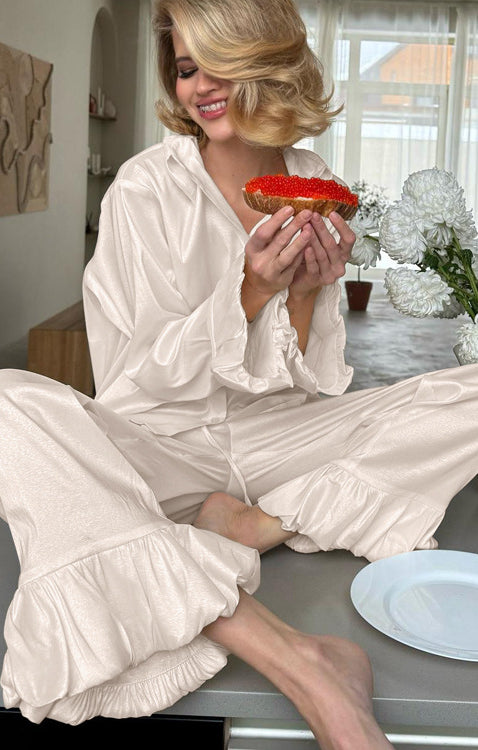 Stitching Bell Sleeve Polo Collar Top Loose Trousers Two Piece Sets