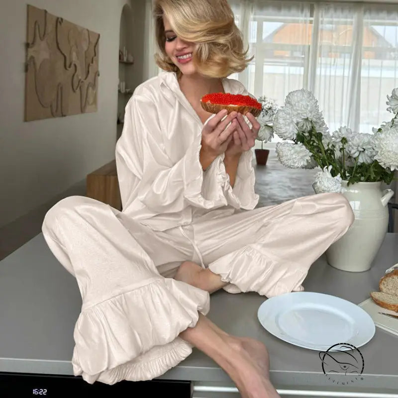 Stitching Bell Sleeve Polo Collar Top Loose Trousers Two Piece Sets