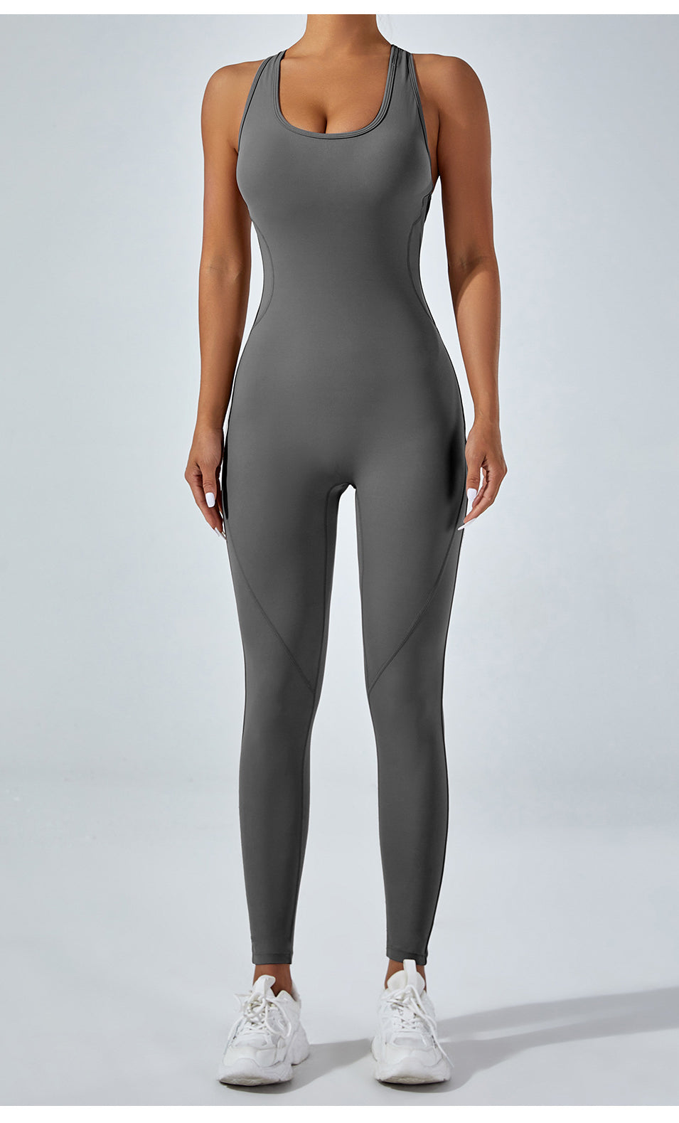 Sleek gray langry yoga one-piece jumpsuit with racerback design