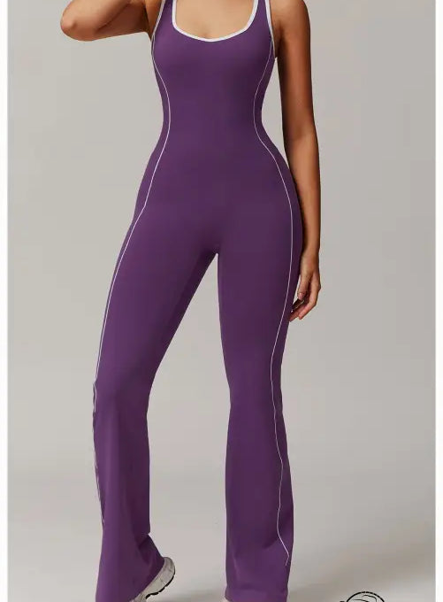 Purple yoga jumpsuit with white trim, hip-lifting pleated design by Langry fashion