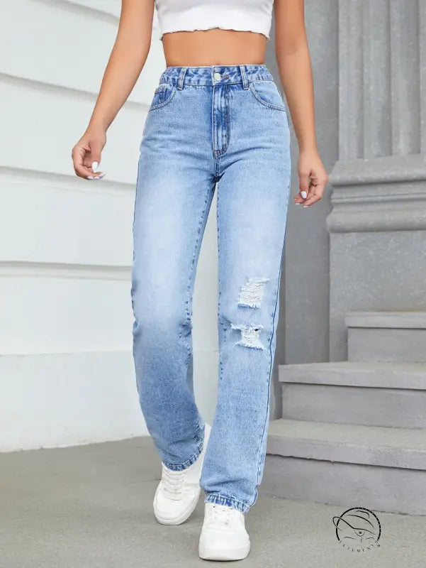 Light-wash ripped straight-leg loose high waist casual jeans