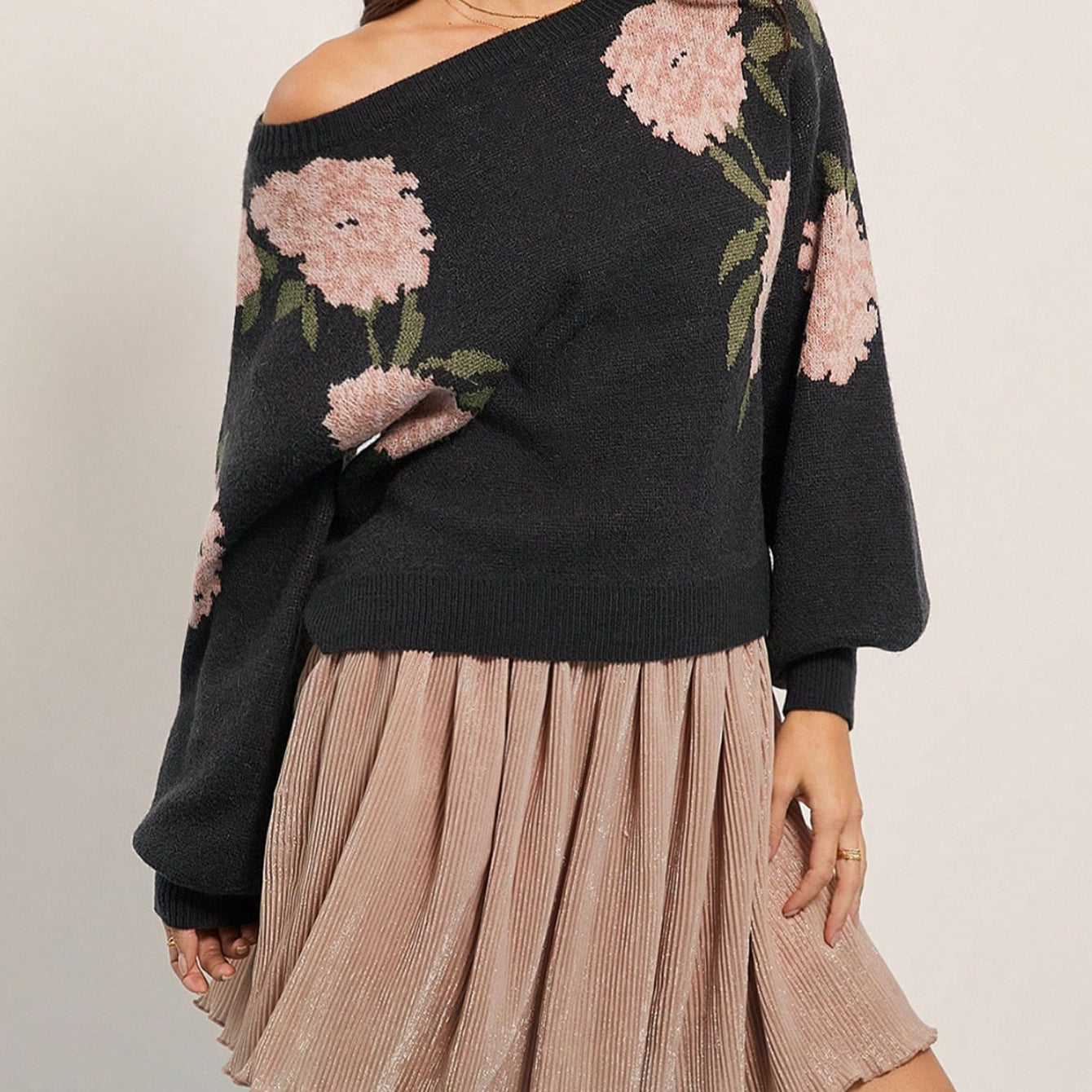 Langry black floral off-shoulder fashion sweater with pink flowers