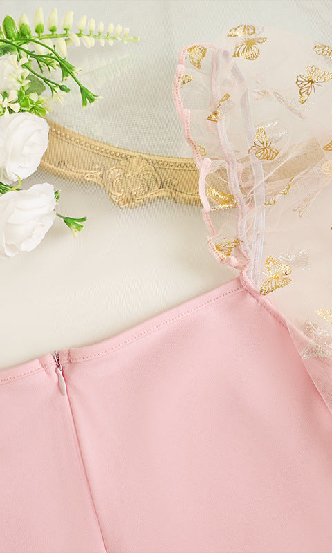 Pink dress with butterfly sleeves from Elegant Slim Fit Puff Sleeve Dress collection in fashion style