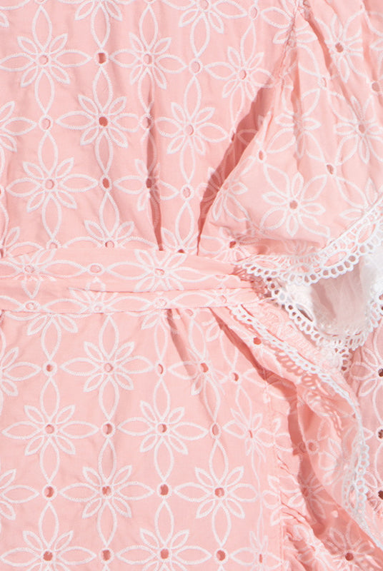 Pink eyelet fabric with white lace trim on a French Sweet Summer dress featuring a stand collar and fashion appeal