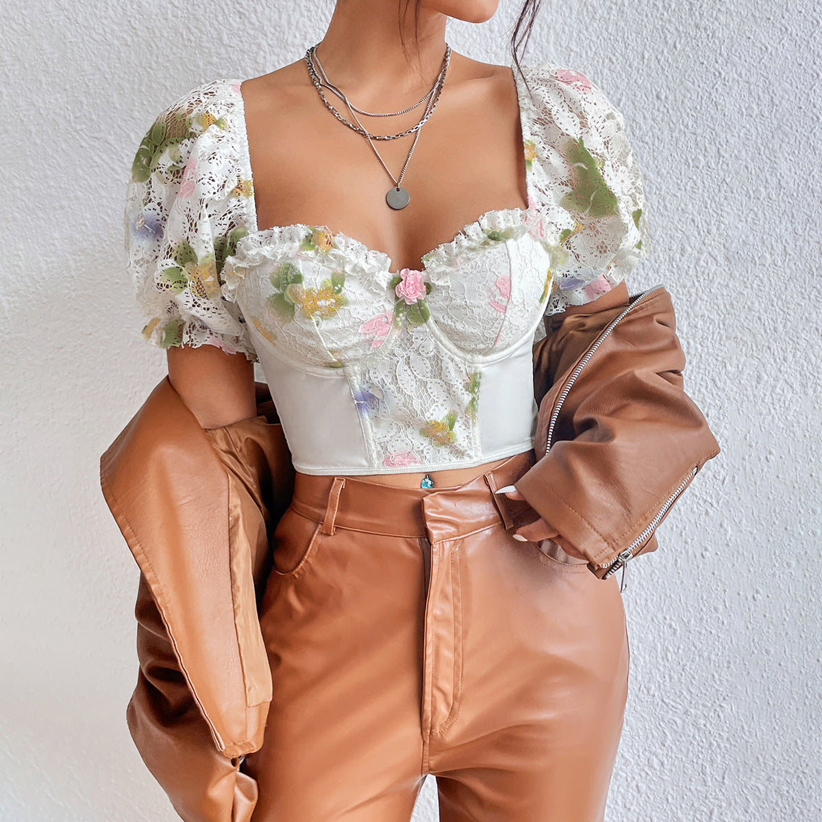 Floral Backless Puff Sleeve Corset with Steel Ring Boning styled with leather jacket