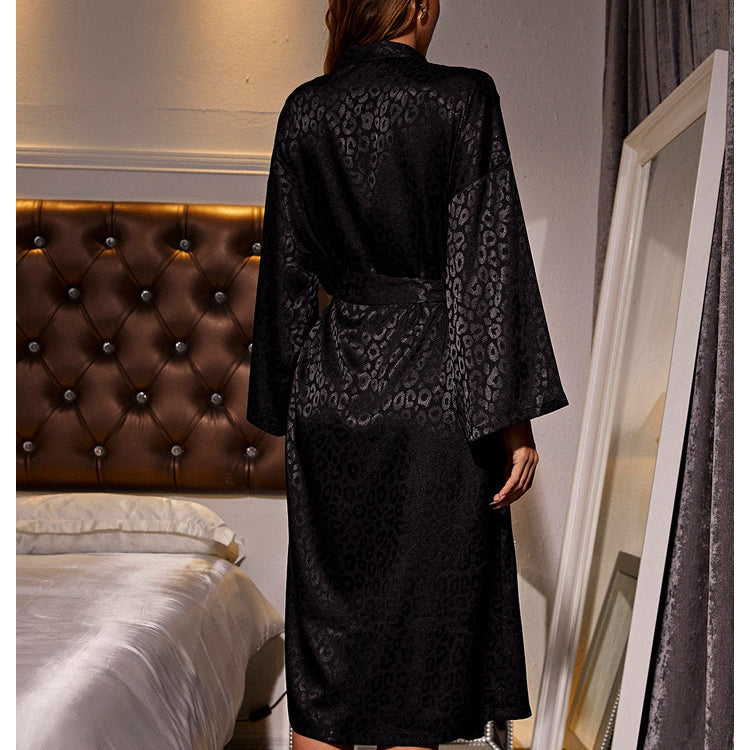 Elegant black satin long sleeve nightgown with floral pattern