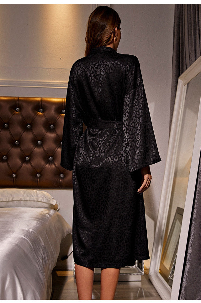 Elegant black satin long sleeve nightgown with floral pattern